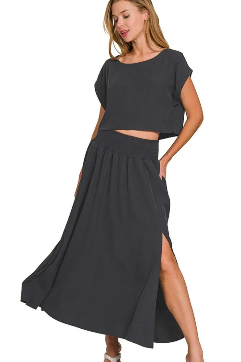 Zenana Heavy Woven Span Crop Tee & Skirt Set - Tigbul's Variety Fashion Shop