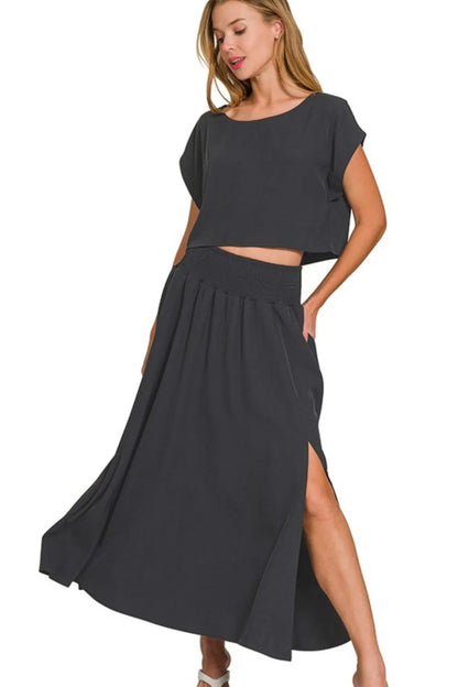 Zenana Heavy Woven Span Crop Tee & Skirt Set - Tigbul's Variety Fashion Shop