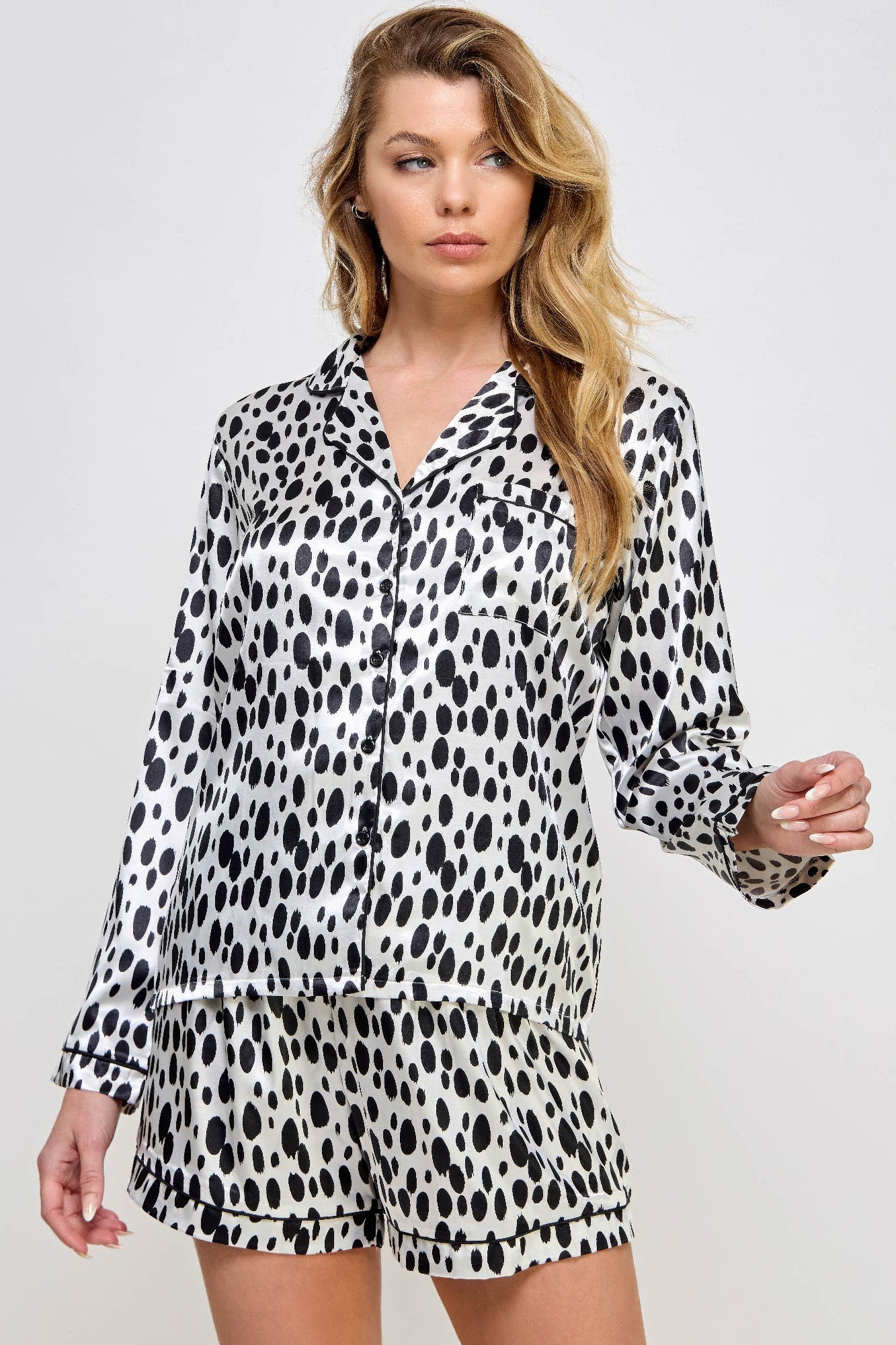 Dalmy Pj Set: long-sleeve button pajama top and elastic shorts, black-and-white dot print