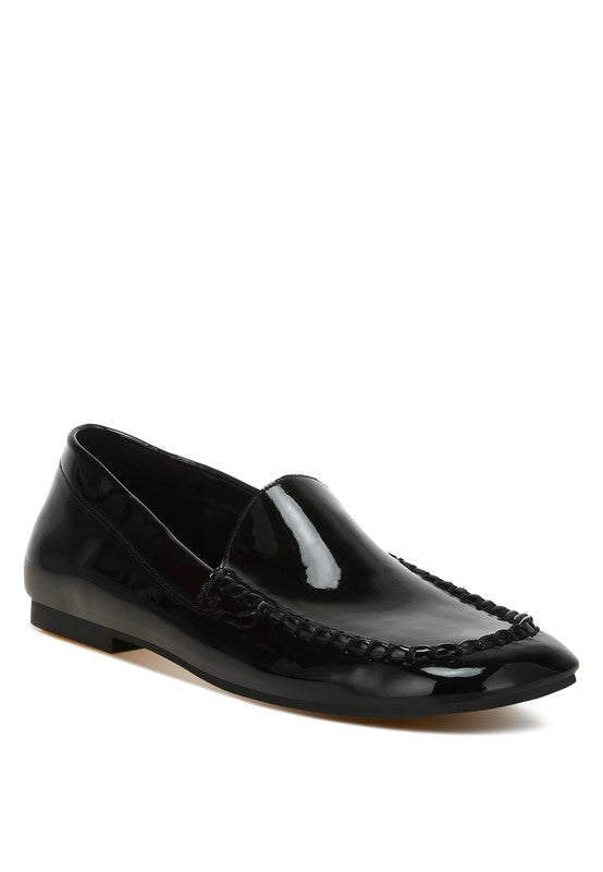 Black patent pleather loafer, stitched apron detail, low block heel