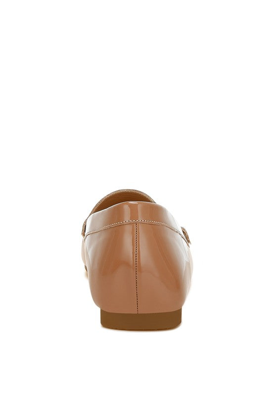 Dama patent pleather loafers, beige, rear view with stitched heel seam