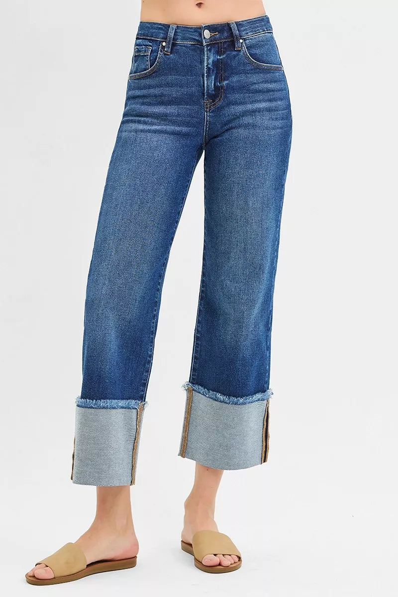 Trendsi dark blue mid-rise wide-leg crop jeans with light cuff hems and roomy fit