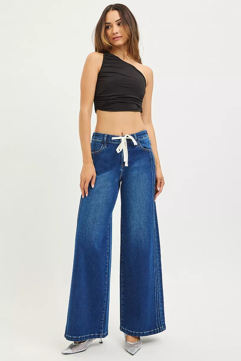 Blue mid-rise wide-leg jeans with front drawstring and side pintucks