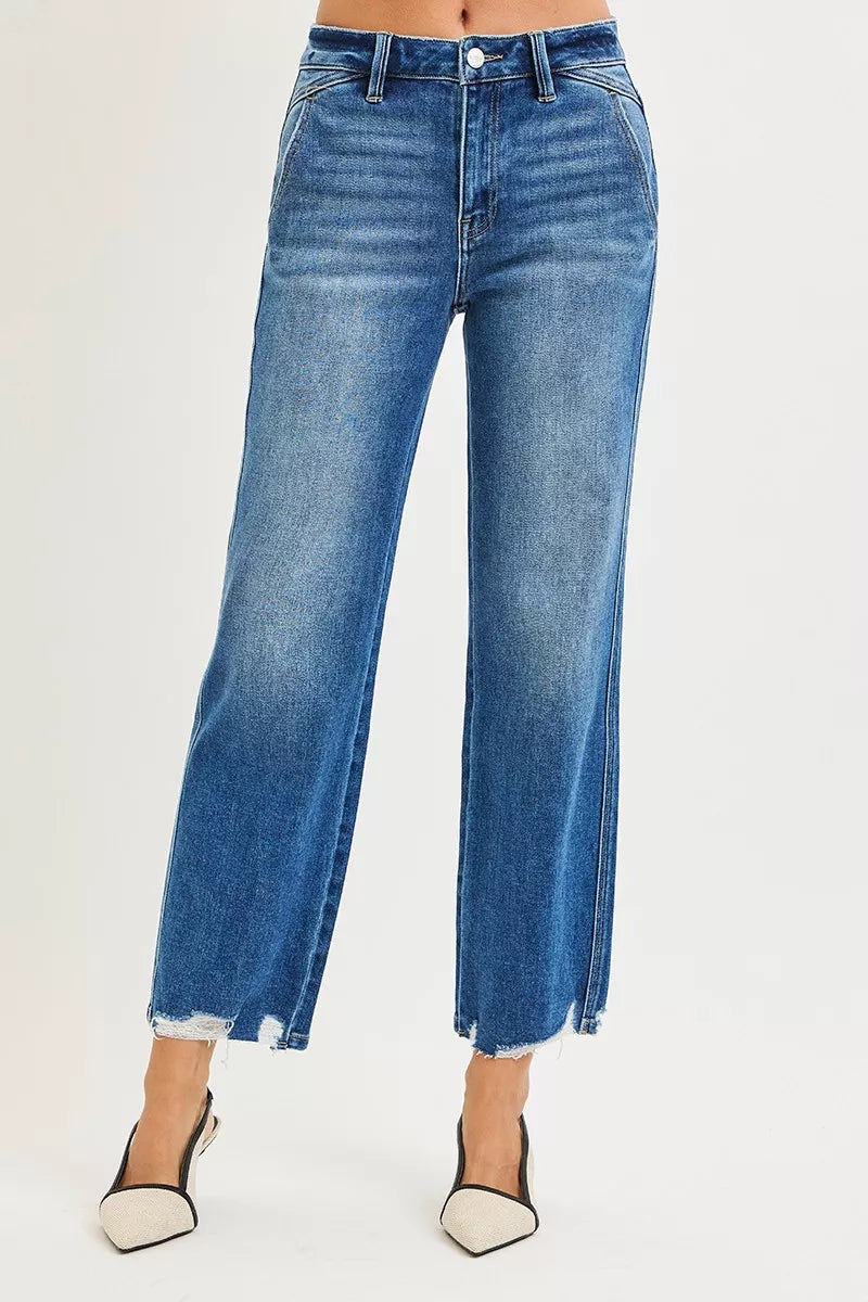 High-rise straight blue jeans with frayed ankle hem and distressed detailing