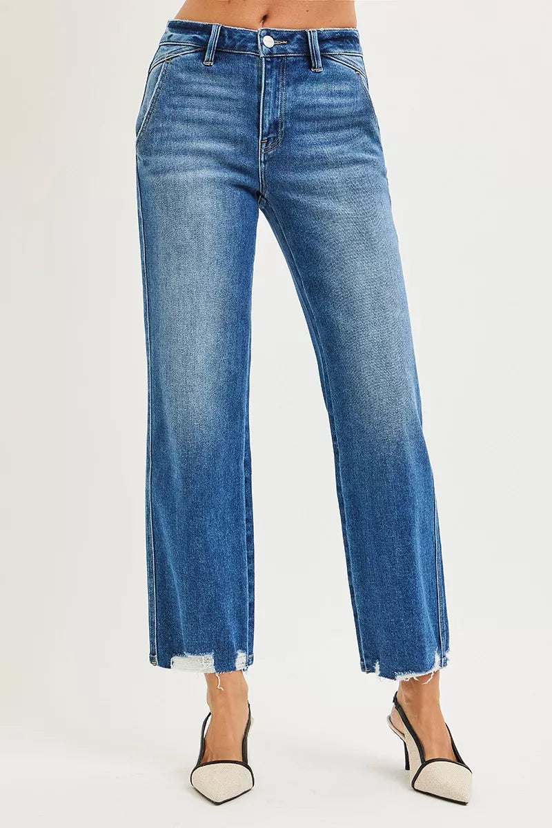 High-rise straight blue jeans with frayed ankle hem and faded wash
