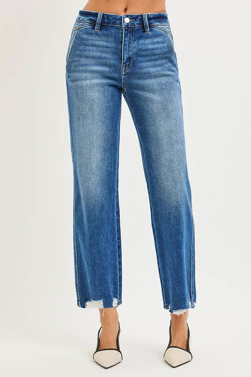 High-rise straight jeans in blue with distressed front seams and frayed hem