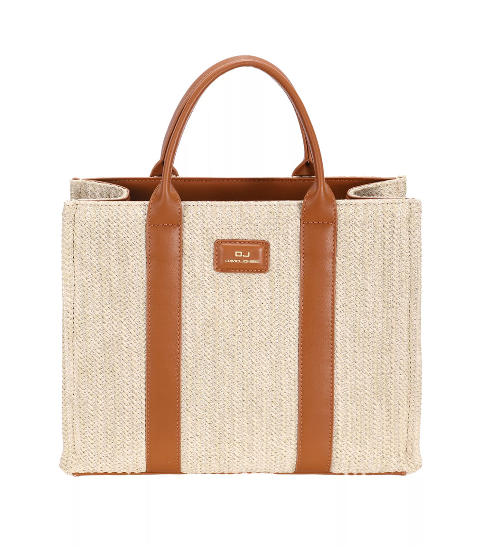 David Jones woven tote handbag in apricot tan with brown leather handles