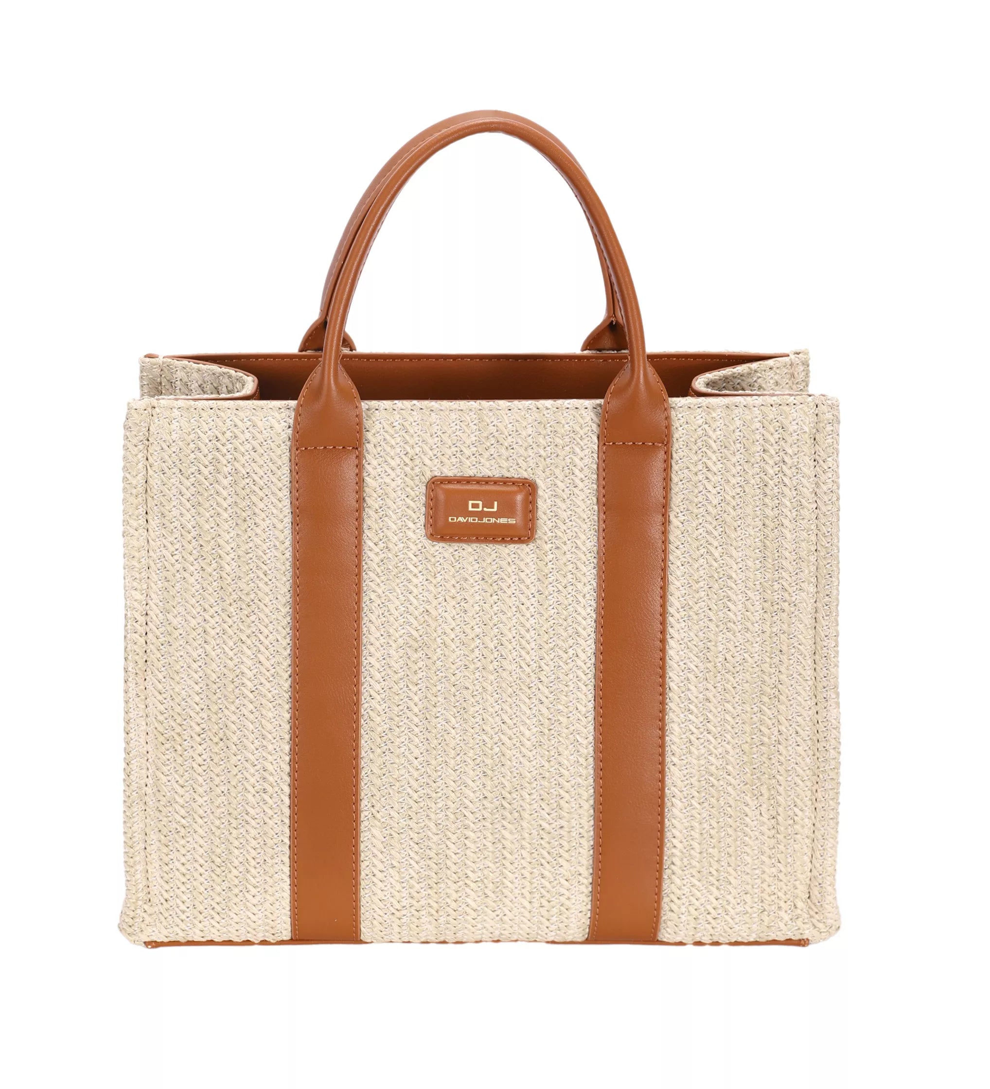 David Jones woven tote handbag in apricot tan with brown leather handles