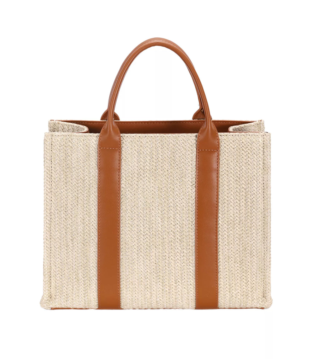Woven square tote with apricot tan fabric panels and two vertical leather straps