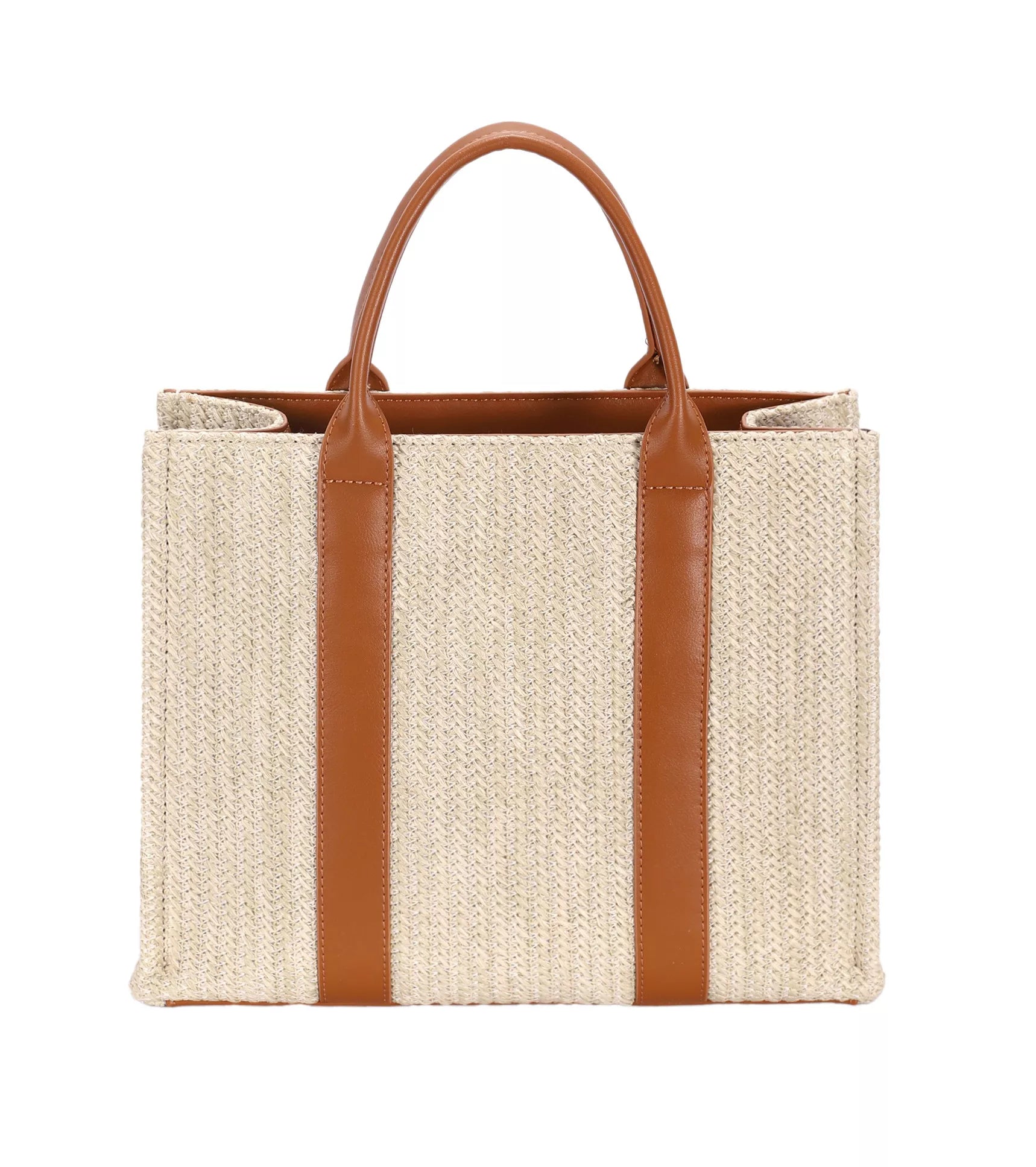 Woven square tote with apricot tan fabric panels and two vertical leather straps
