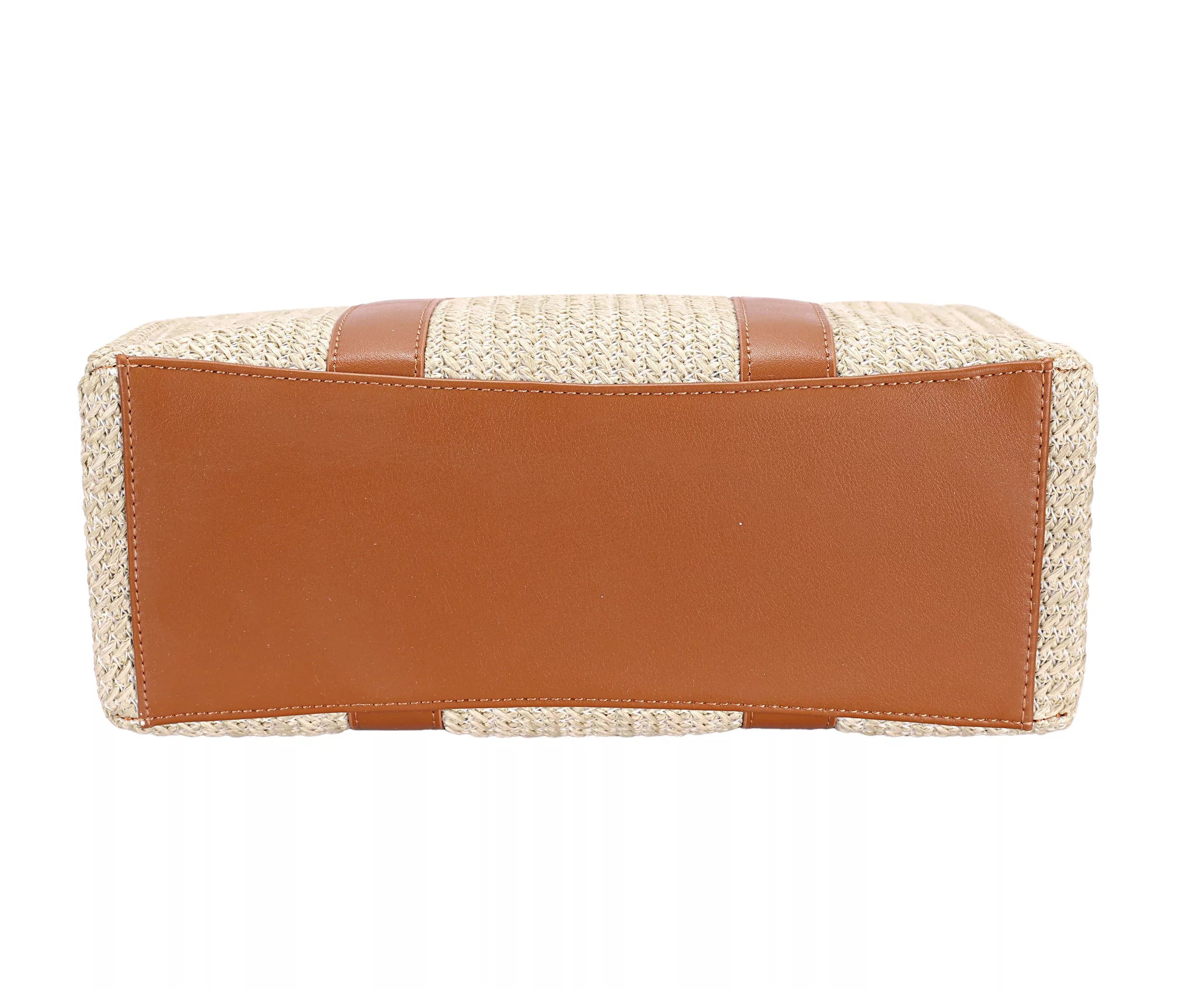 Square tote base with brown leather bottom panel and woven apricot tan sides