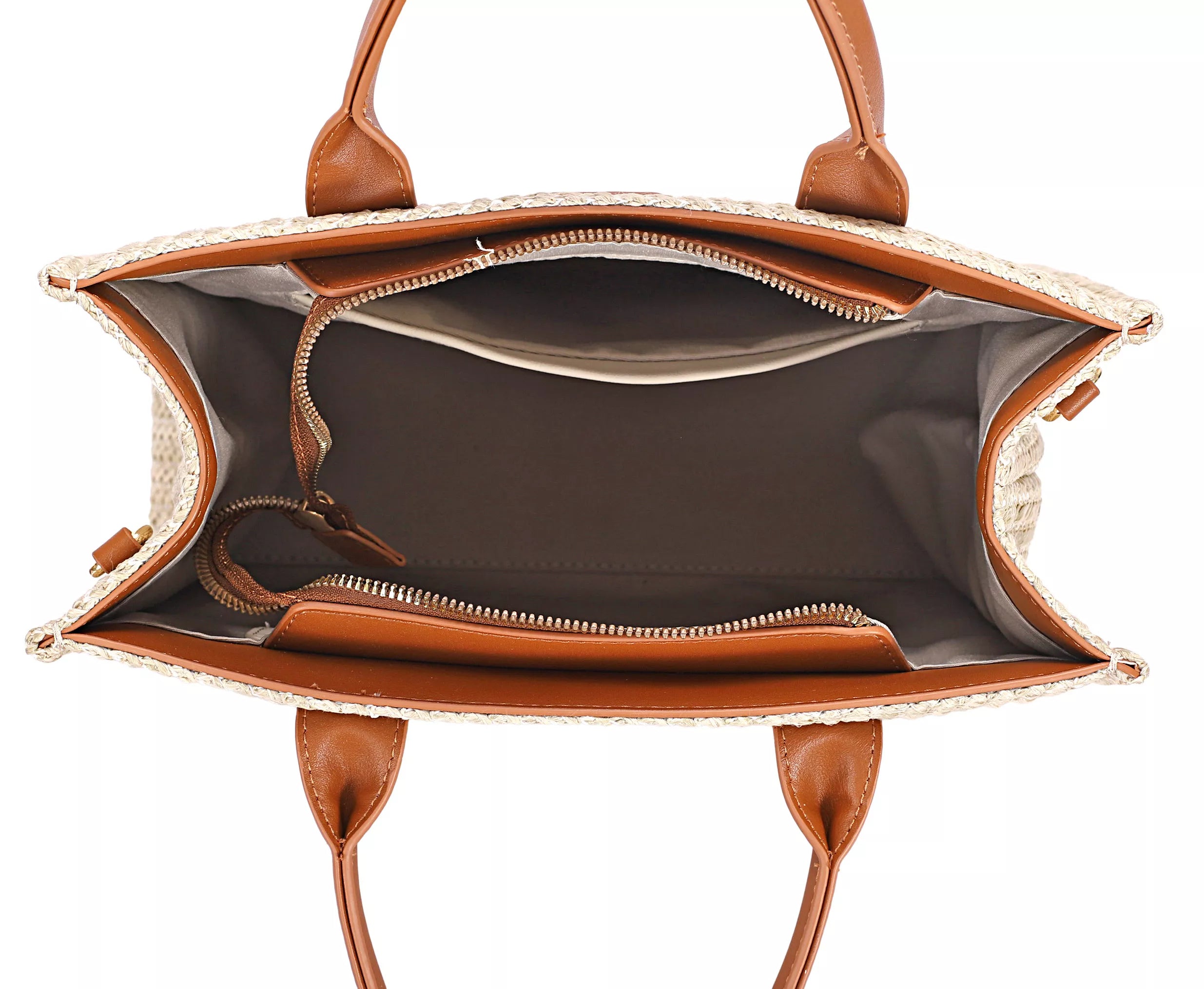 Open woven tote shows lined interior, top zipper, and brown leather trim