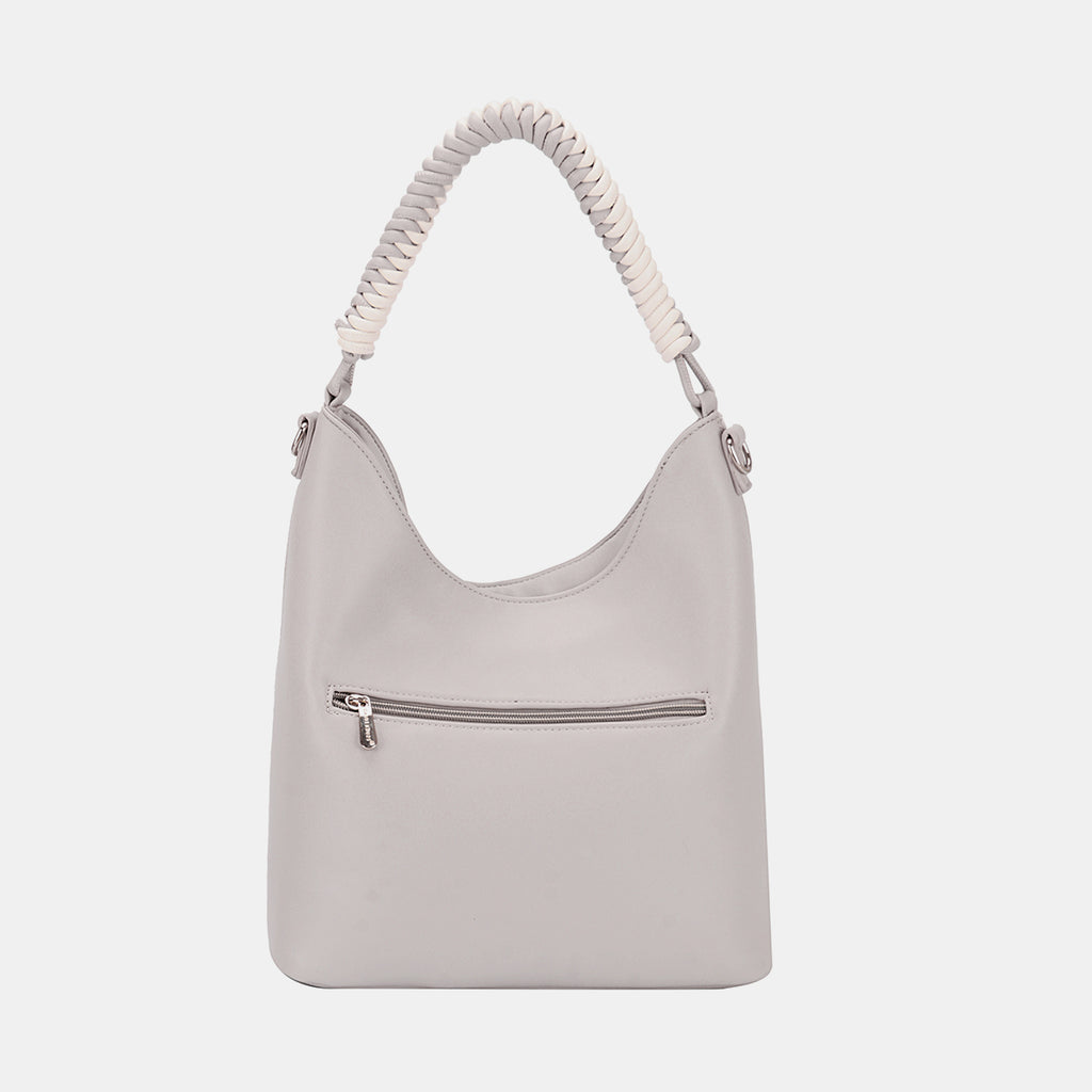 L.Grey PU leather hobo bag with woven handle and front zip pocket