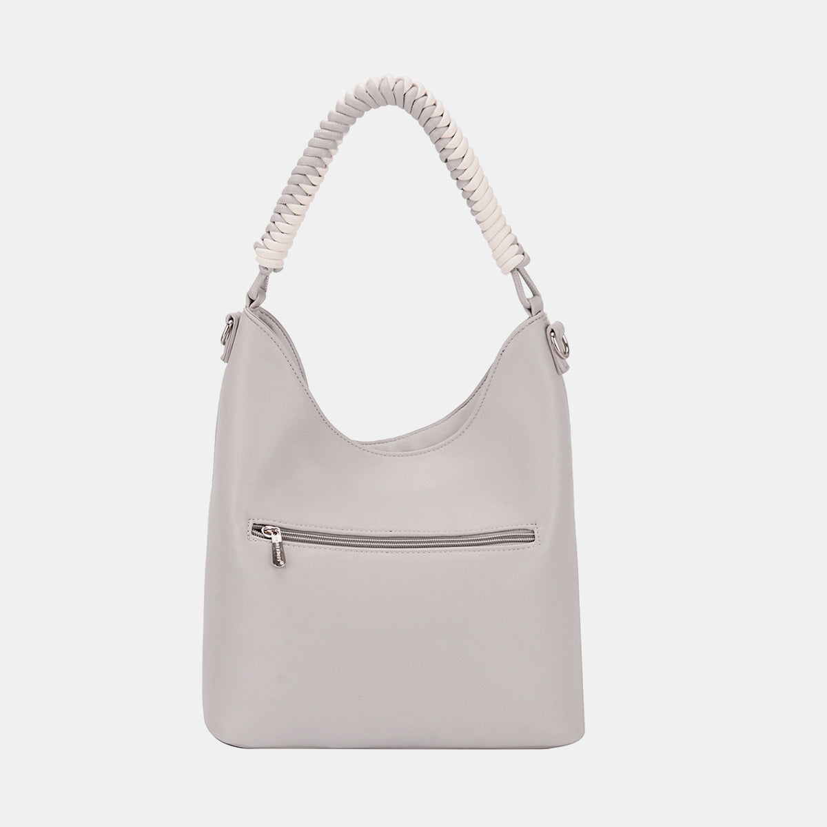 L.Grey PU leather hobo bag with woven handle and front zip pocket