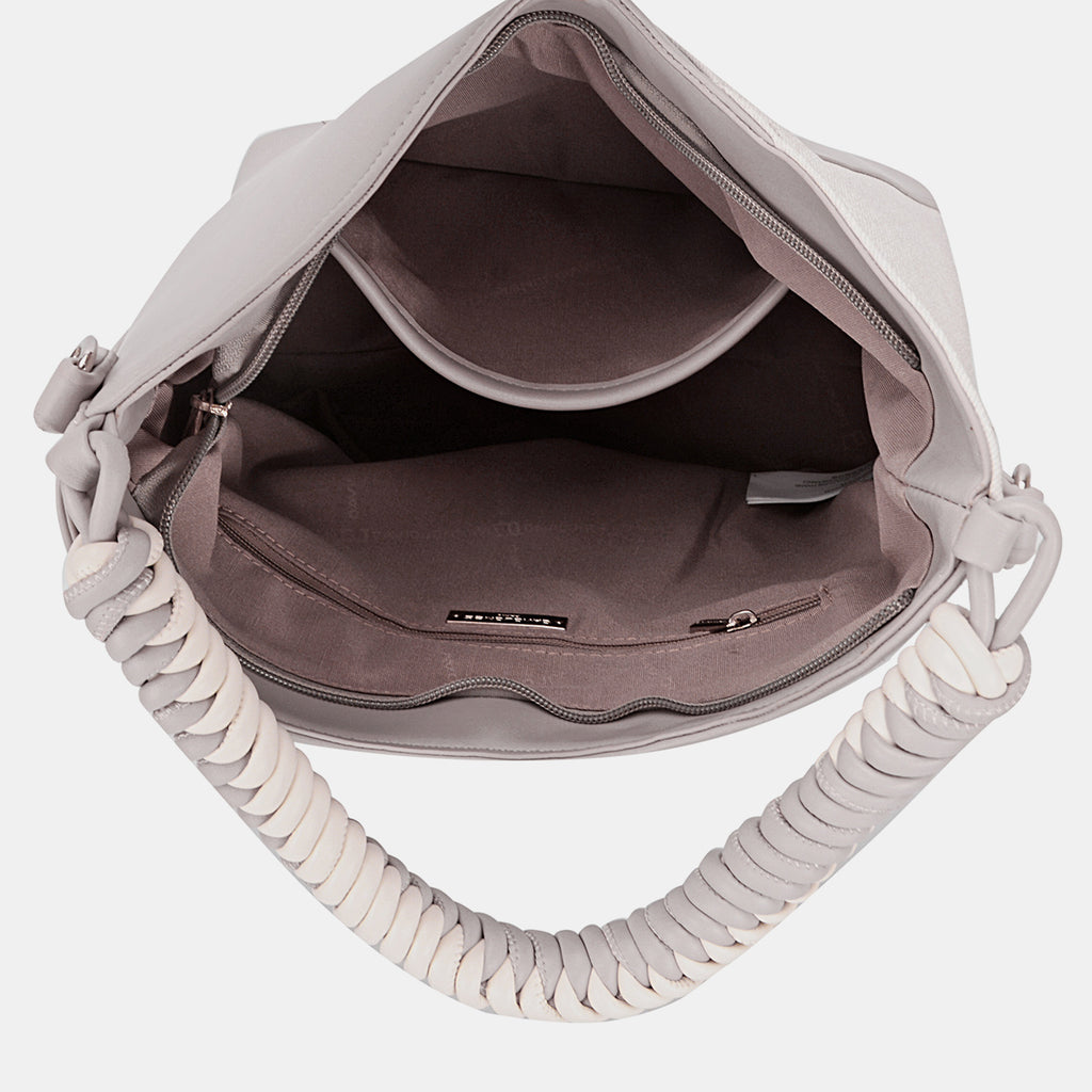 L.Grey PU leather hobo bag interior with zip lining and open top