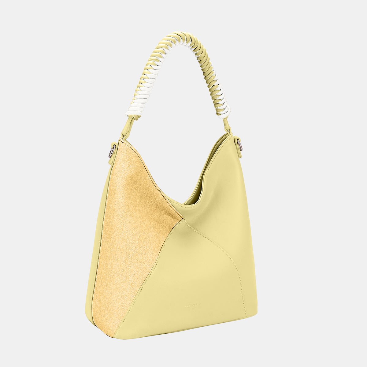 Yellow PU leather hobo bag with woven handle and contrasting side panel