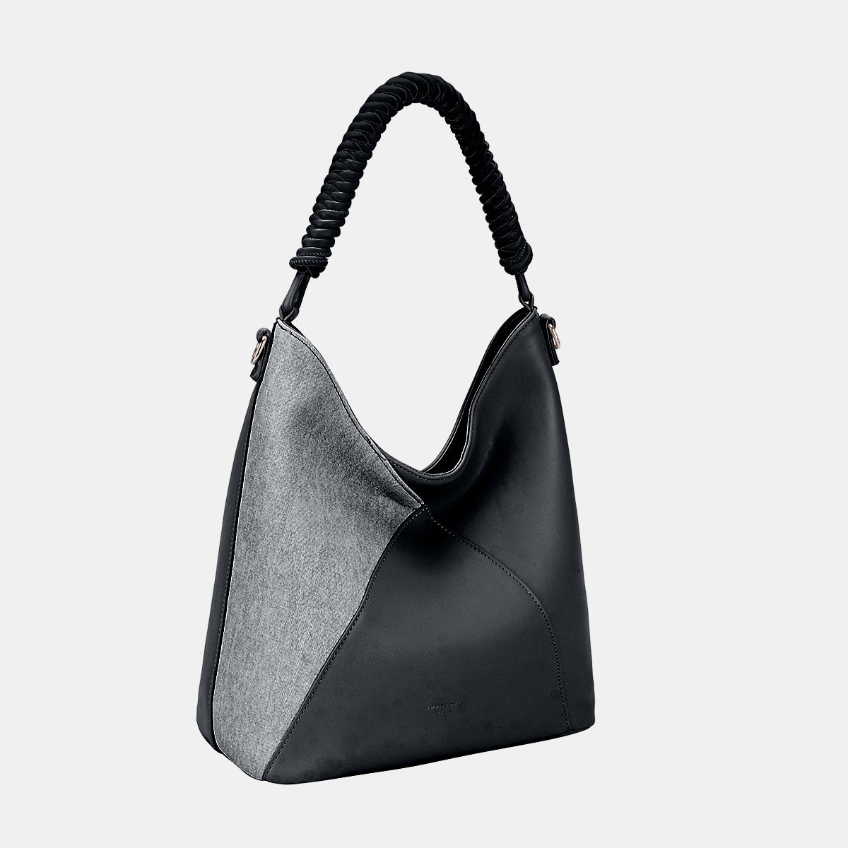 Black PU leather hobo bag with woven handle and textured side panel