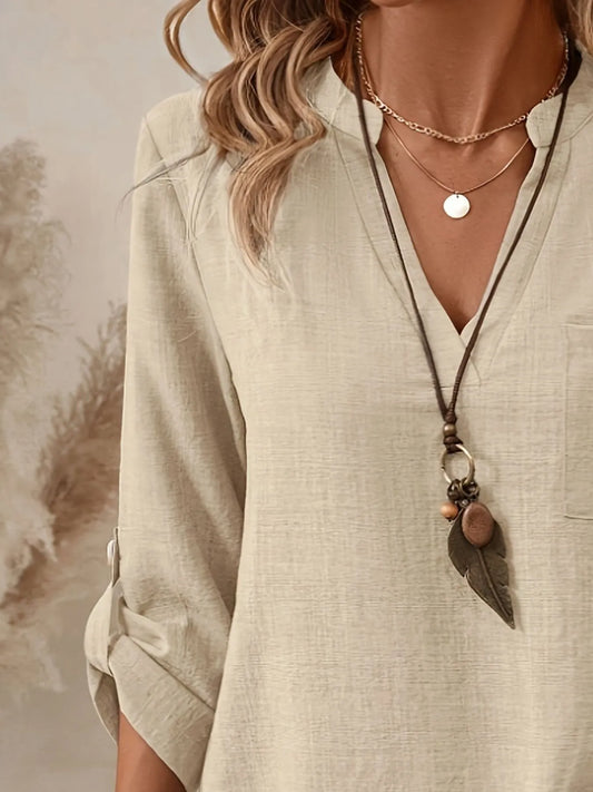 Notched Roll-Tab Sleeves Blouse - Tigbul's Variety Fashion Shop