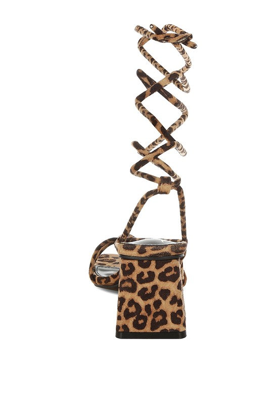 Leopard print square-toe heeled sandal back view, tie ankle straps on block heel
