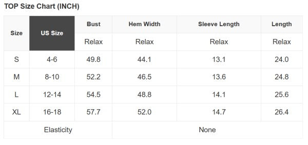 Size chart for Bow Textured Short Puff Sleeve Top: S–XL bust, hem, sleeve, length