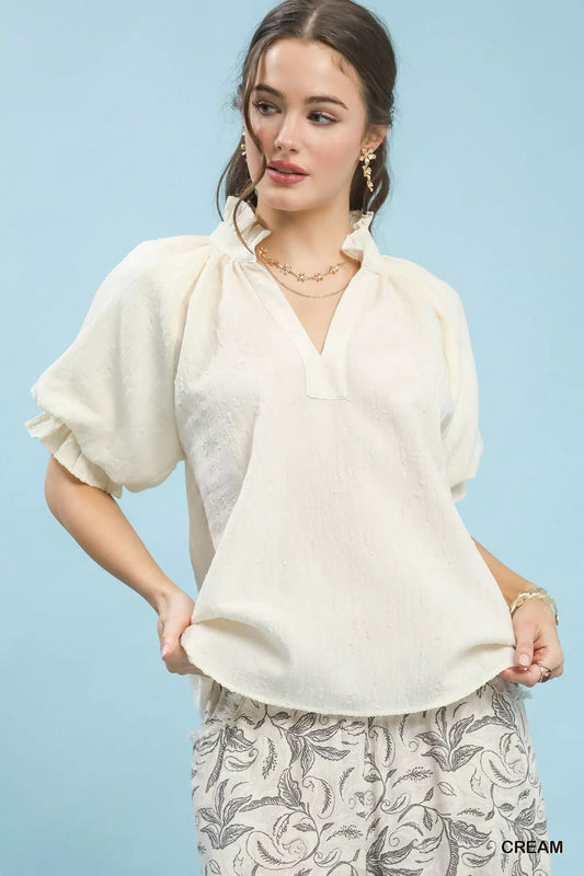 Umgee Textured Puff Sleeve Split Neck Top - Tigbul's Variety Fashion Shop