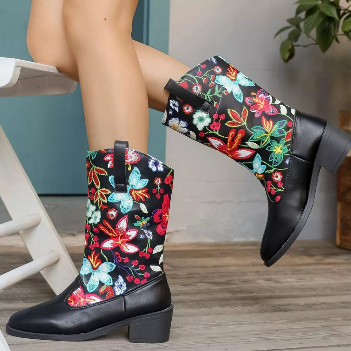 Floral Block Heel Boots - Tigbul's Variety Fashion Shop