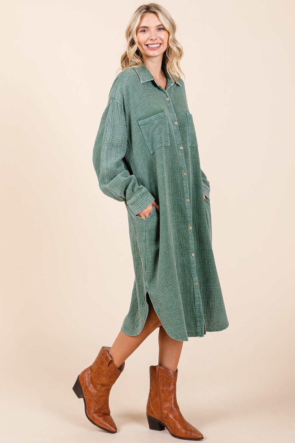 Green Mineral Wash Cotton Gauze Midi Shirt Dress - Tigbul's Variety Fashion Shop