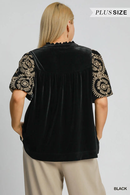 Umgee Full Size Velvet Embroidered Sleeve Blouse Plus Size - Tigbul's Variety Fashion Shop