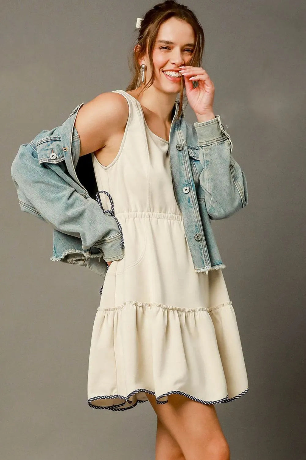Umgee Frill Drawstring Waist Round Neck Mini Tank Dress - Tigbul's Variety Fashion Shop