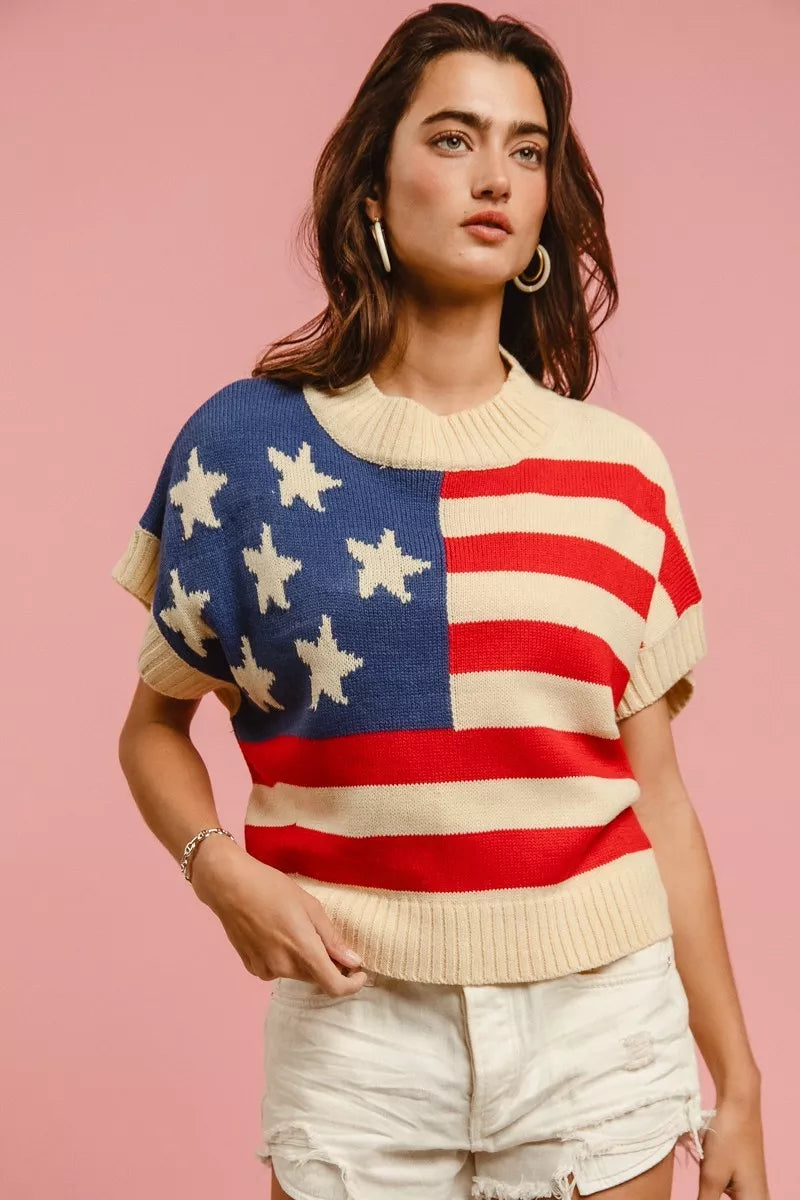 BiBi Star Patches American Flag Sleeveless Sweater - Tigbul's Variety Fashion Shop