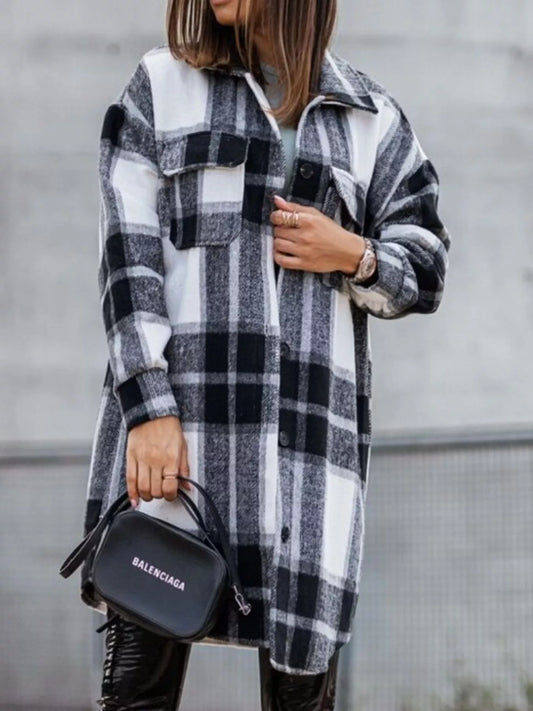 Button Down Collared Neck Plaid Flannel Shacket - Tigbul's Variety Fashion Shop