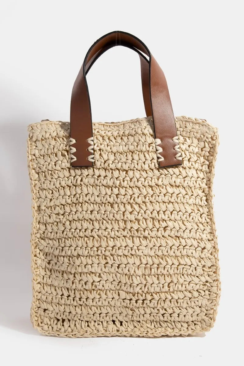 Ivory Faux Leather Handle Straw Braided Handbag - Tigbul's Variety Fashion Shop