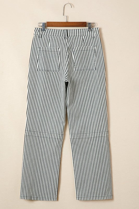 Black-and-white striped denim high-waist jeans with patch pockets and belt loops