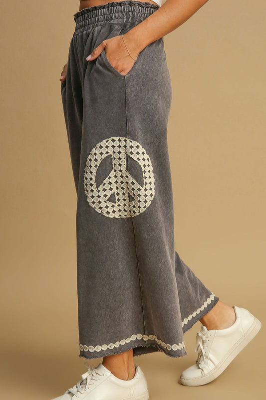 Peace Lace Applique Mineral Wash Wide Leg Pants - Tigbul's Variety Fashion Shop