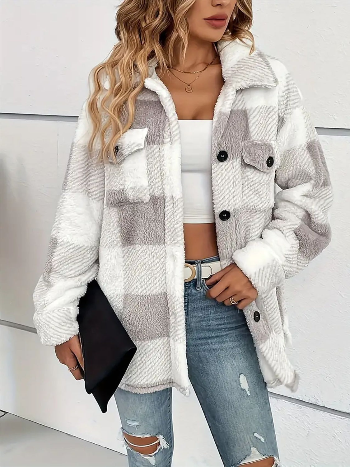 Plaid Dropped Shoulder Long Sleeve Plush Coat - Tigbul's Variety Fashion Shop