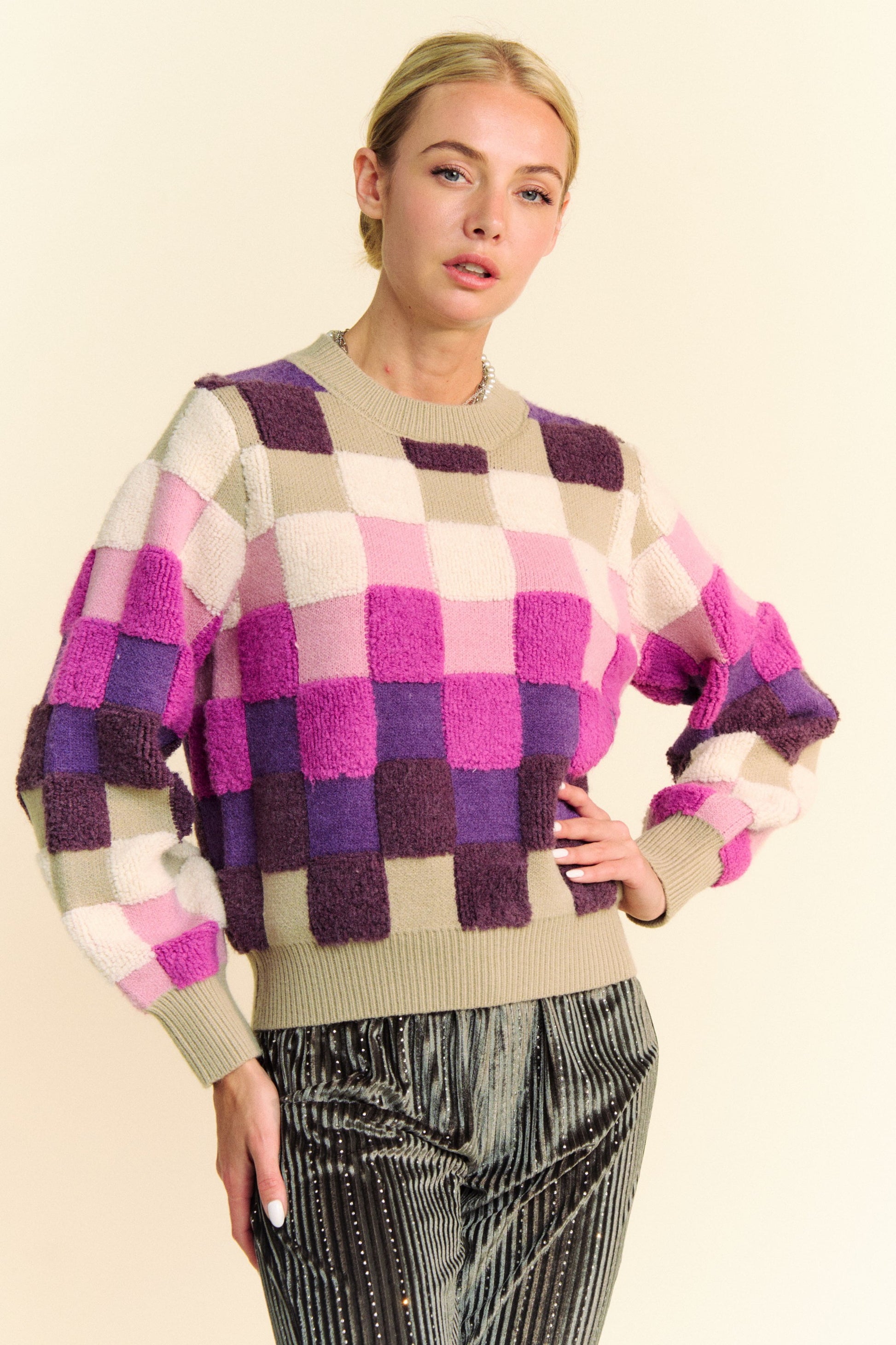 Davi & Dani Checkered Round Neck Long Sleeve Sweater - Tigbul's Variety Fashion Shop