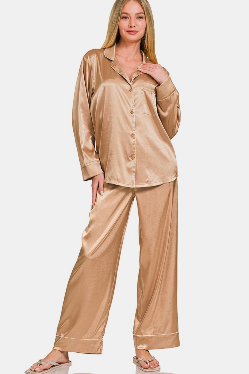 Zenana Satin Long Sleeve Shirt and Pants Pajama Set - Tigbul's Variety Fashion Shop