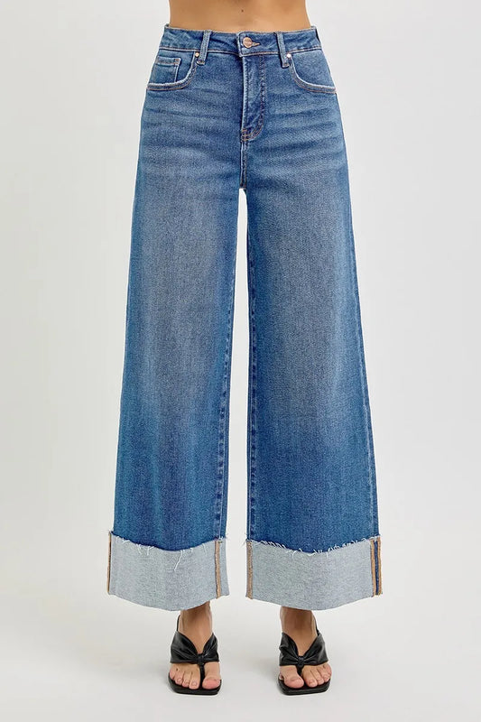 RISEN Full Size Tummy Control High Rise Crop Wide Cuffed Jeans Plus Size - Tigbul's Variety Fashion Shop