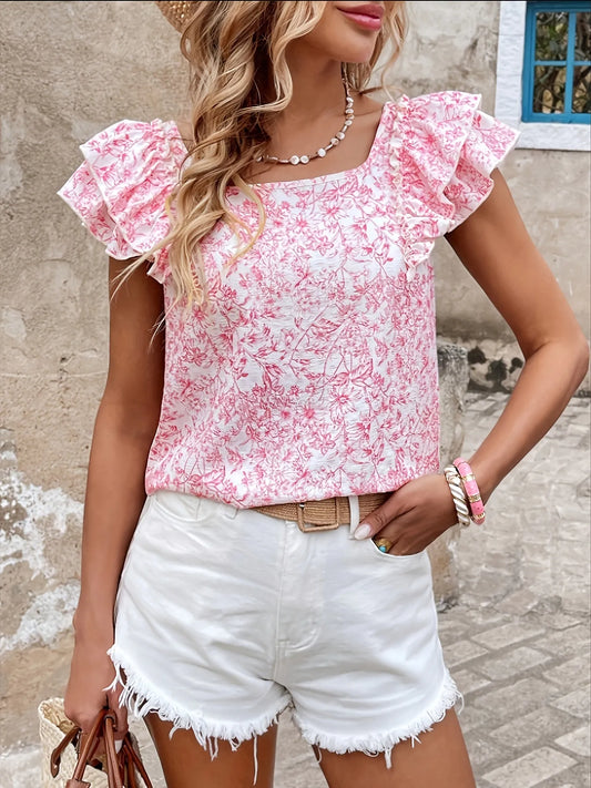 Bow Back Floral Print Ruffle Sleeve Blouse - Tigbul's Variety Fashion Shop