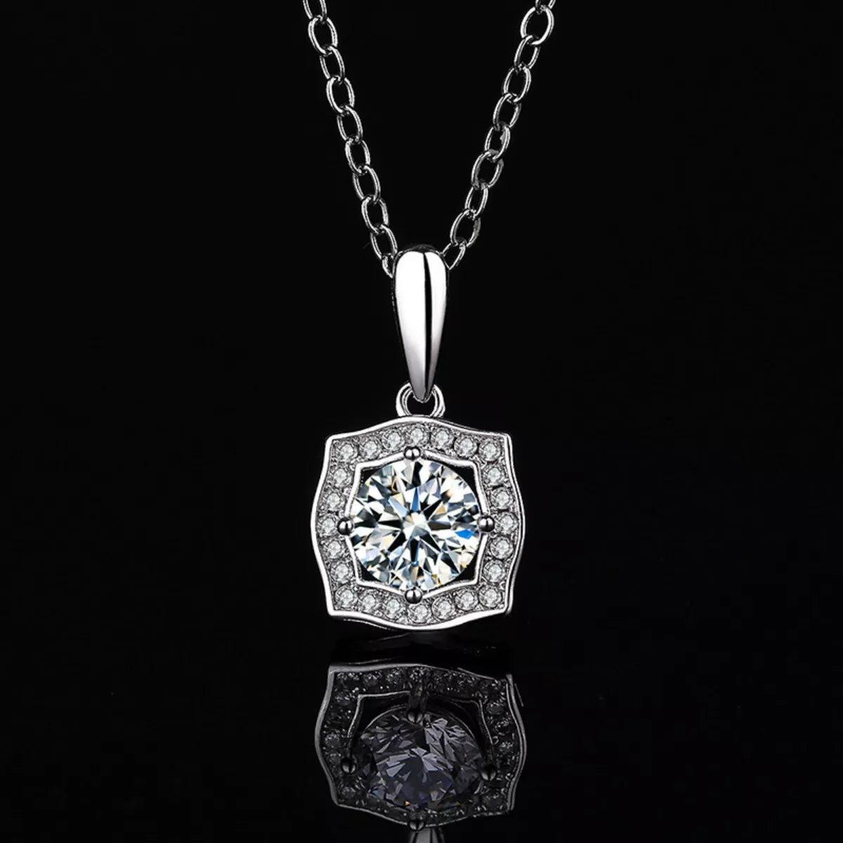 Silver pendant necklace with teardrop bail and square halo moissanite-style center stone