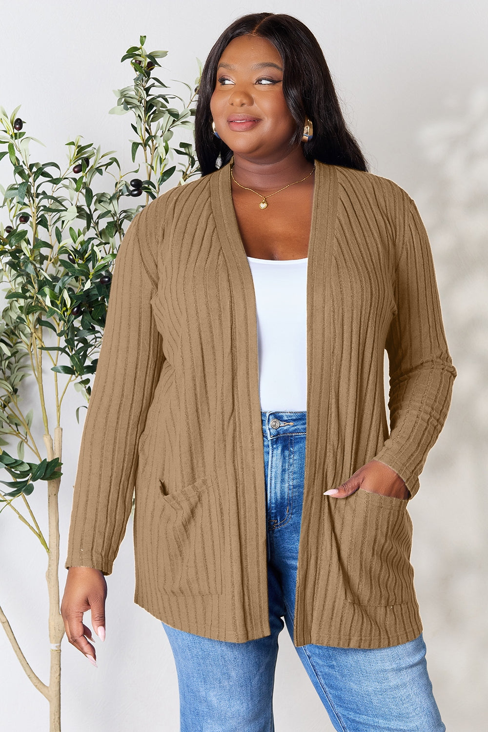 Ribbed Open Front Cardigan with Pockets - Tigbuls Variety Fashion