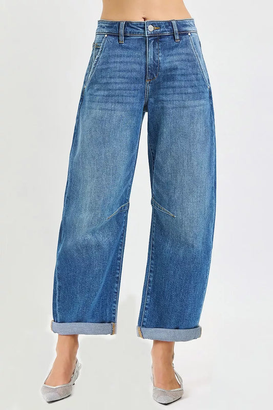 RISEN Slouchy Cropped Barrel Jeans With Cuffed Hem - Tigbul's Variety Fashion Shop