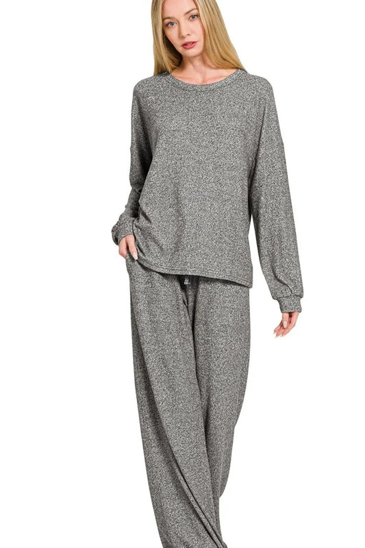 Zenana Soft Melange Hacci Long Slv Tee & Pants Set - Tigbul's Variety Fashion Shop