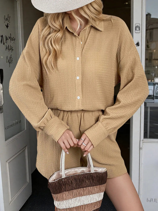 Button Up Long Sleeve Shirt and Shorts Set - Tigbul's Variety Fashion Shop