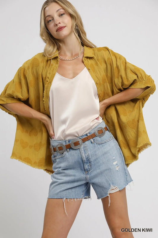 Umgee Jacquard Heart Collared Shirt - Tigbul's Variety Fashion Shop