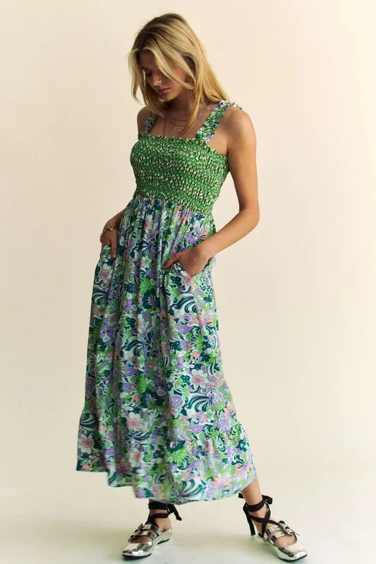 Multi Smocked Bodice Geo Ruffle Strappy Midi Dress - Tigbul's Variety Fashion Shop