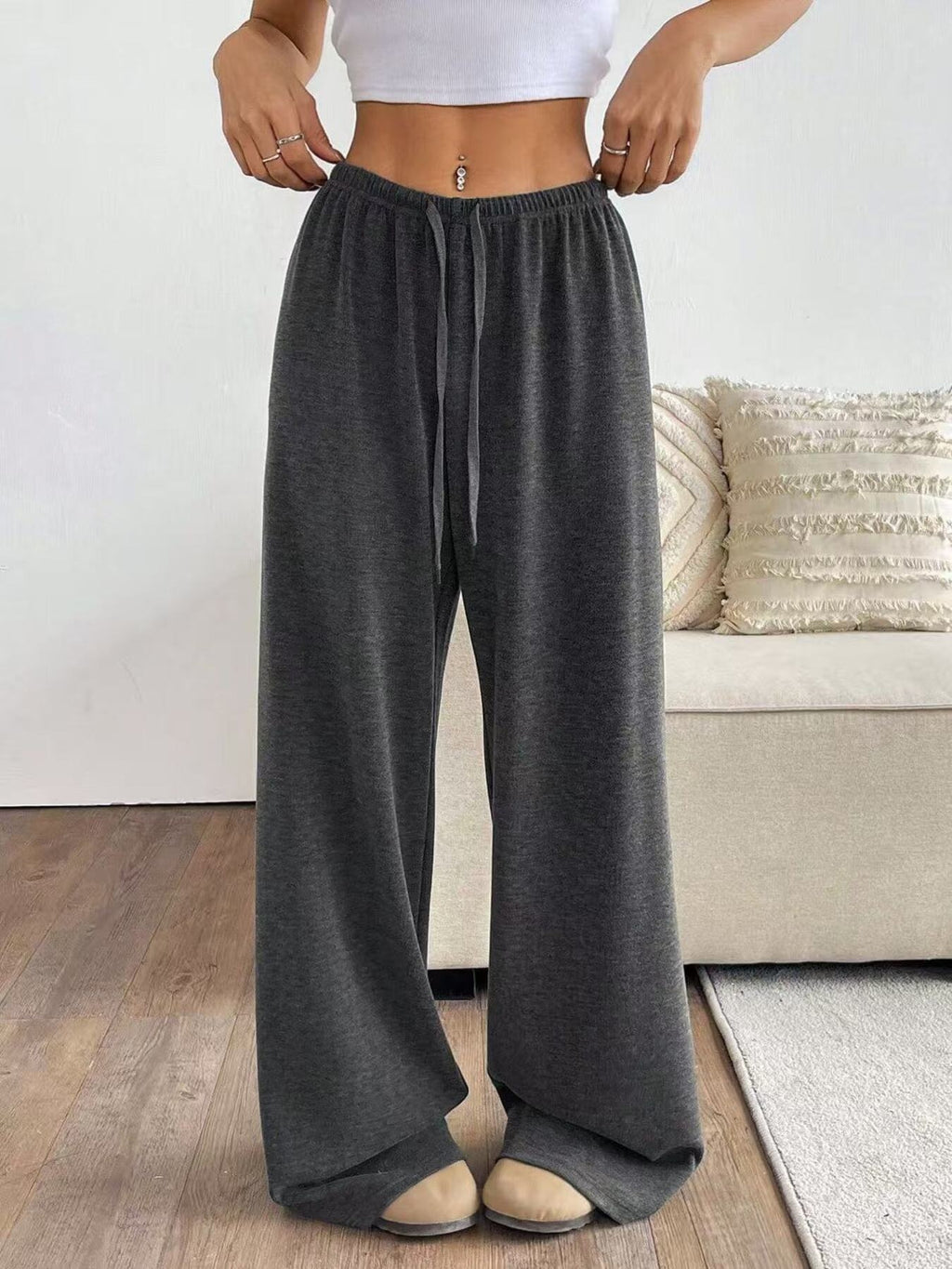 Relaxed Fit Drawstring Pants, heather gray wide-leg with elastic waist