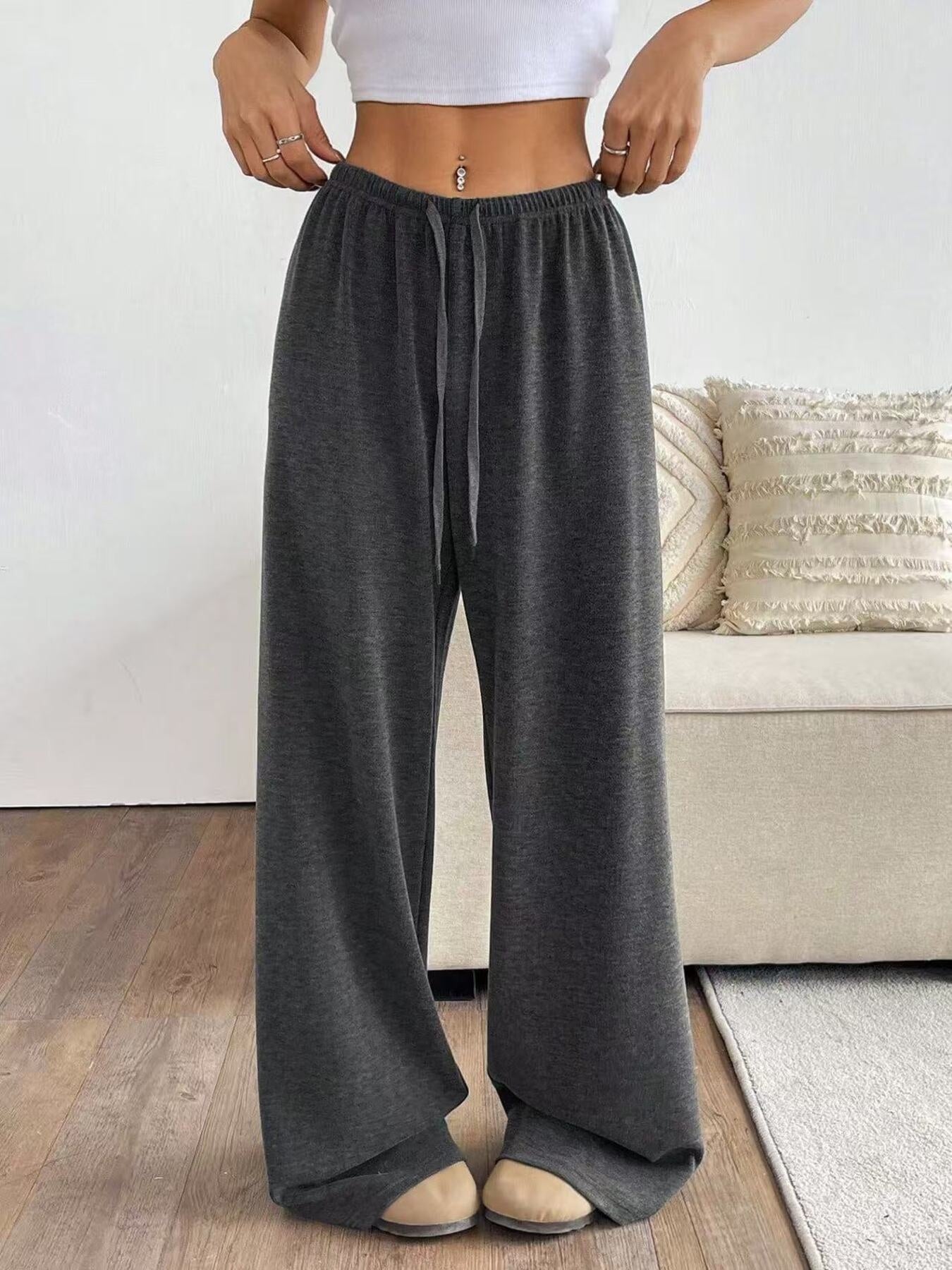 Relaxed Fit Drawstring Pants, heather gray wide-leg with elastic waist