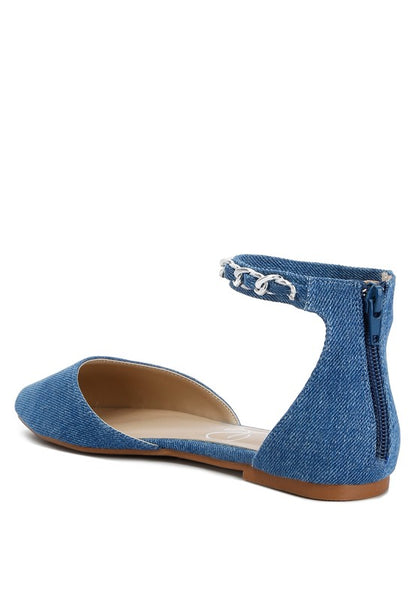 Buqisi Denim Blue Chain Embellished Flat Sandals - Tigbul's Variety Fashion Shop