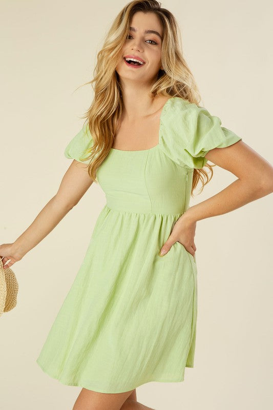 Green Tie back dress with puff sleeves - Tigbuls Variety Fashion